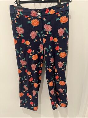 Chico's Navy Floral Cropped Pants with Orange & Teal Blooms